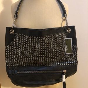 OrYANY XL BLACK LEATHER/METAL RING HOBO BAG NWT